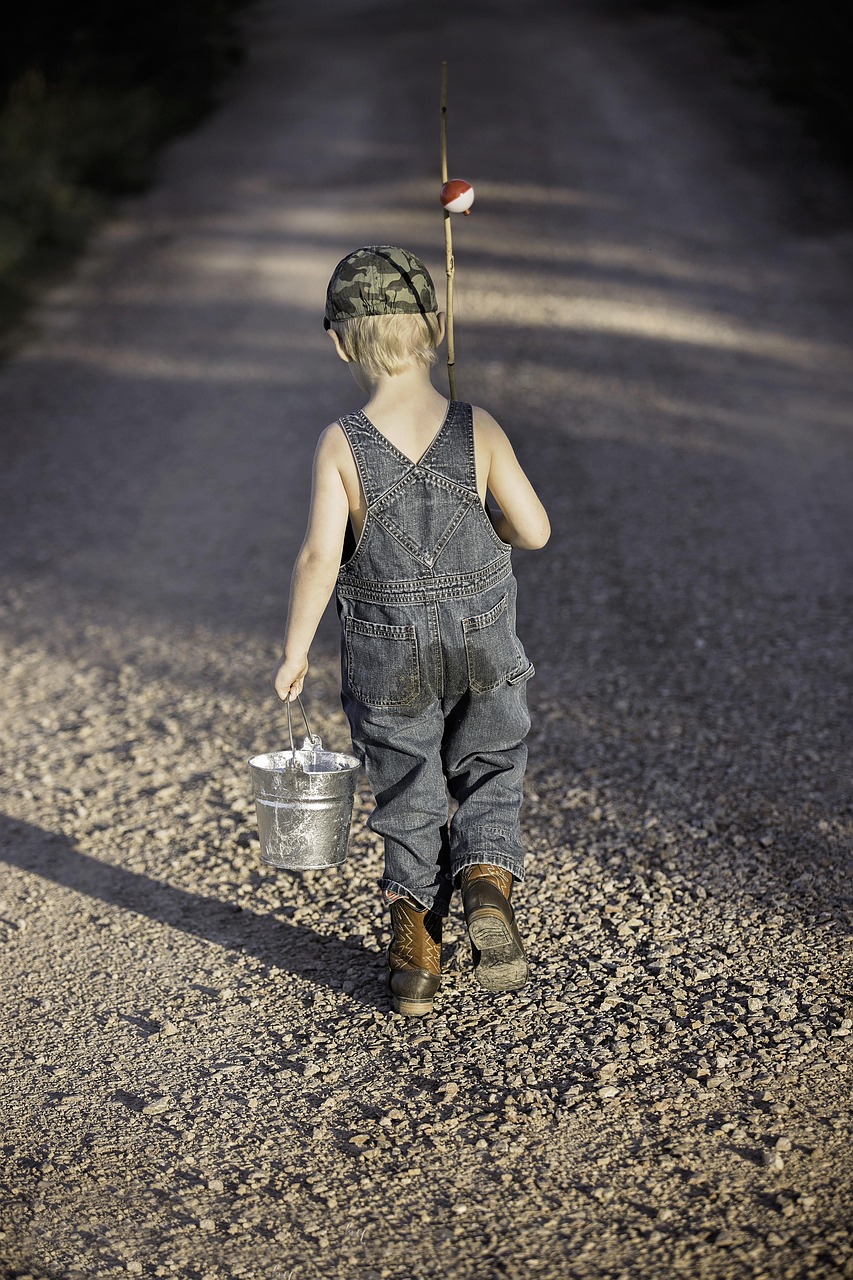 boy, child, fishing rod, bucket, fishing, nature, fisherman, kid, young, small, childhood, walking, summer, adventure, lifestyle, outdoors, back view